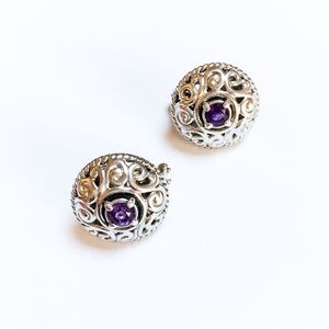 NEW CAROLYN POLLACK Amethyst Button Earrings Sterling Omega NEW IN BOX